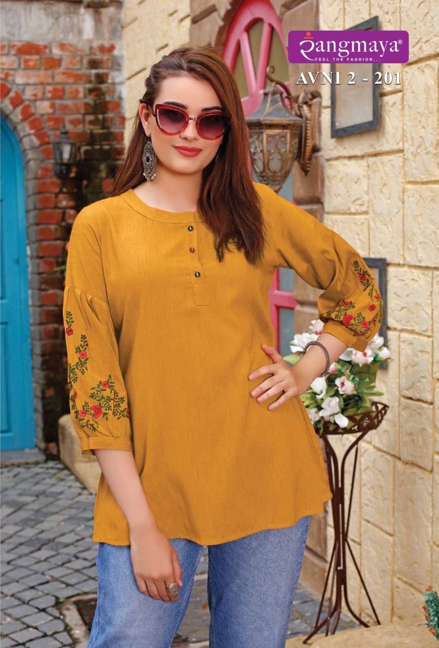 Rangmaya-avni Vol-2-fabric-rayon-imported-sleeves-work-short-top-kurti-201